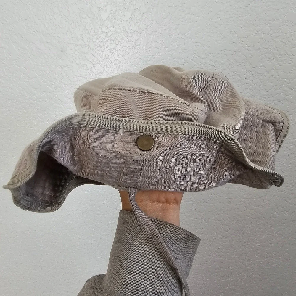 Grey Cotton Twill Bucket Hat with Snap Up Brim and‎ Adjustable Chin Strap
